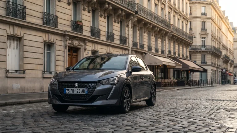 Petite voiture citadine garee dans une rue francaise, ideale pour une assurance auto jeune permis