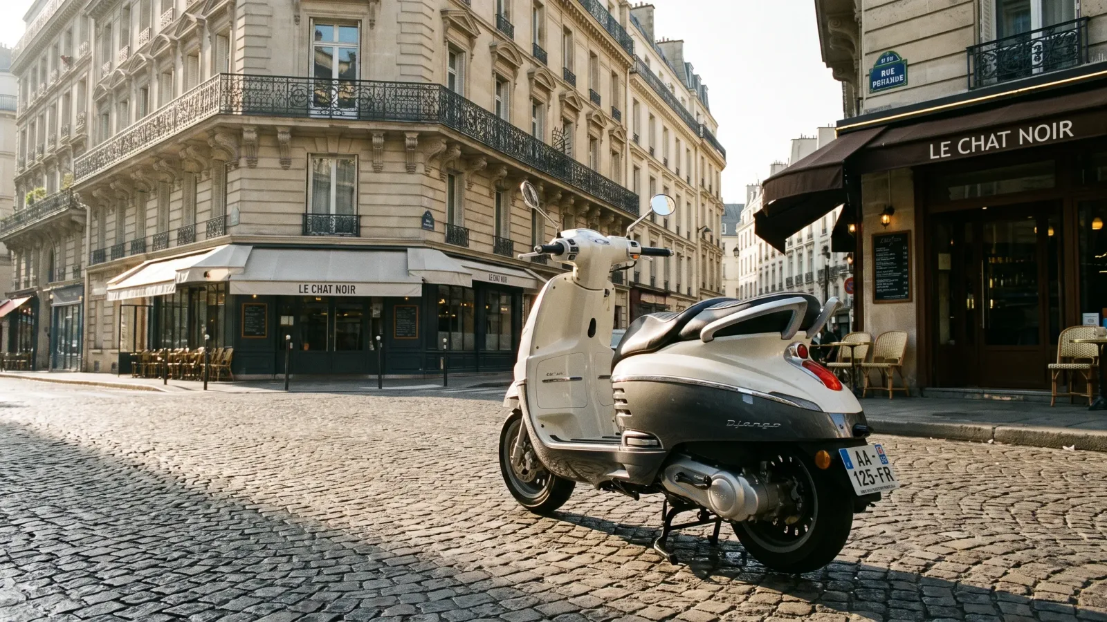 Scooter 125 stationné dans une rue parisienne