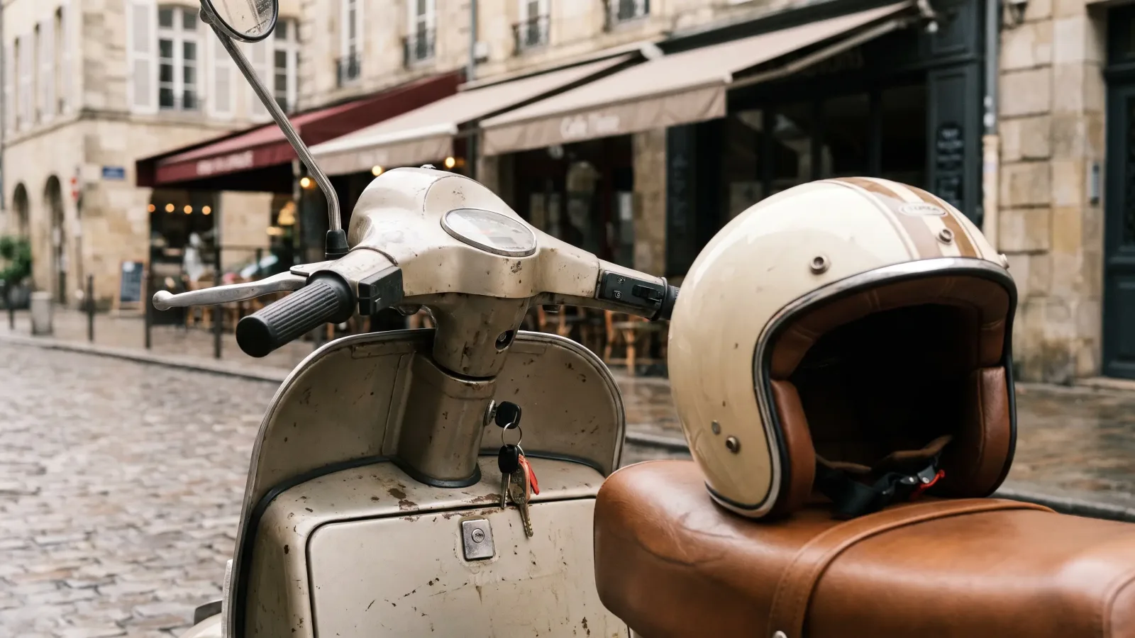 Tableau de bord et clés d'un scooter 125 avec casque