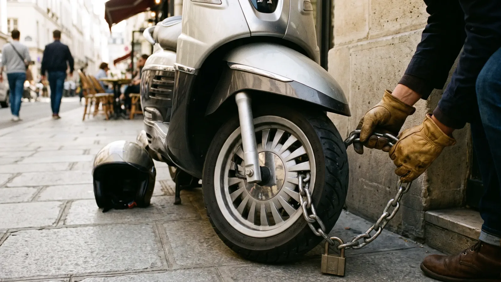 Antivol agréé fixé sur la roue d'un scooter 125