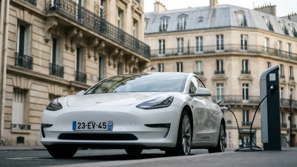 Voiture électrique en charge sur une borne dans une rue française