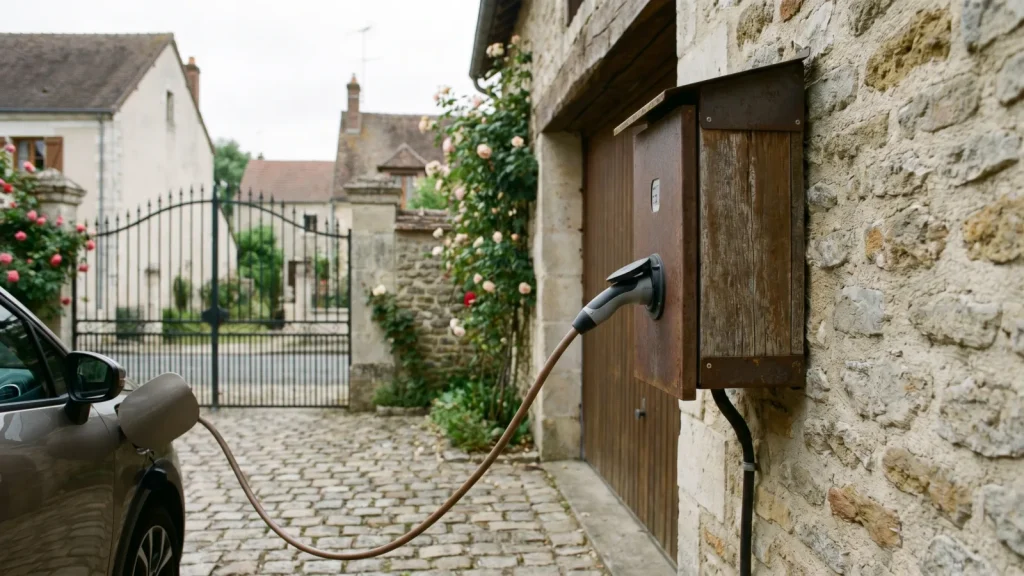 Borne de recharge wallbox installée sur le mur d'une maison