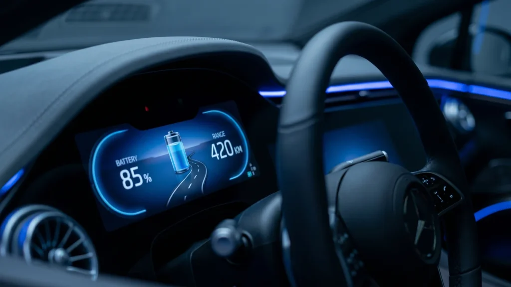 Tableau de bord d'une voiture électrique affichant le niveau de batterie et l'autonomie