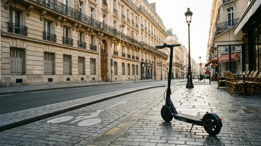 Trottinette électrique stationnée dans une rue parisienne