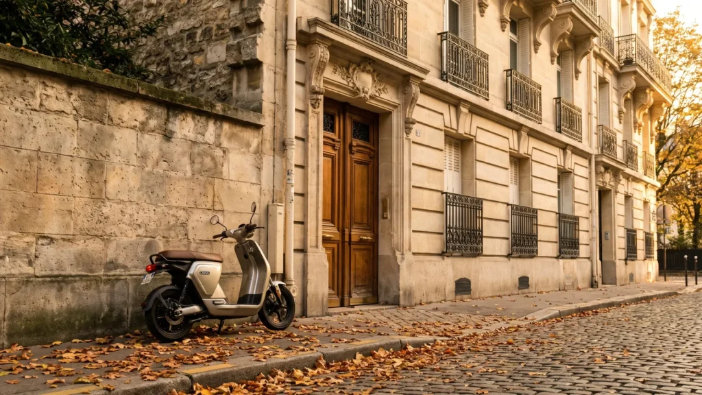 Trottinette électrique appuyée contre un mur en ville