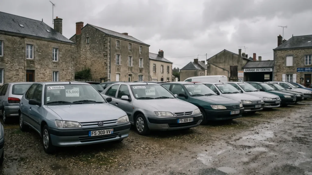 Alignement de voitures d'occasion sur un parc de vente en France