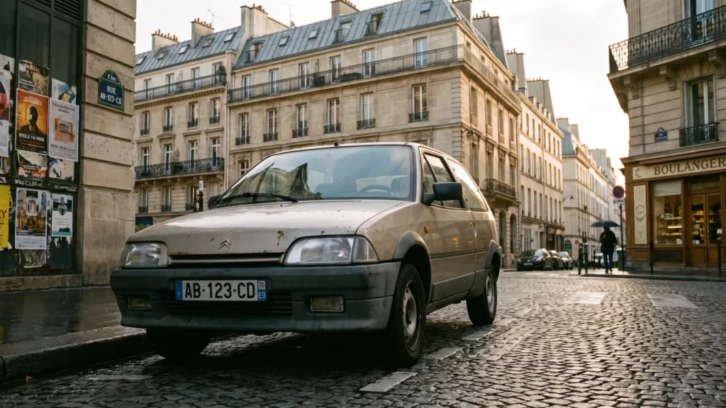 Voiture d'occasion stationnée dans une rue française avec plaque d'immatriculation visible