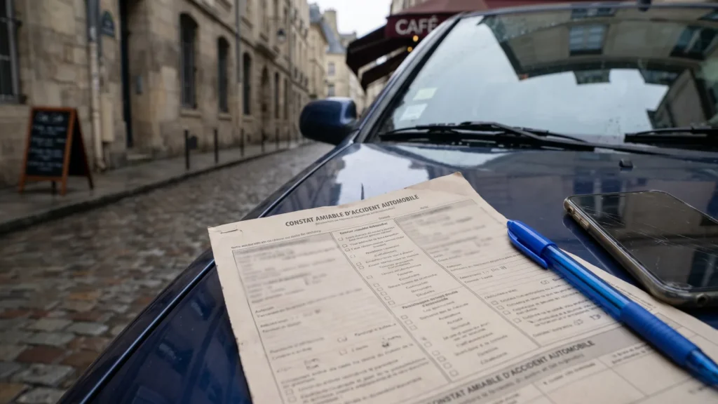 Constat amiable posé sur le capot d'une voiture avec un stylo et un smartphone