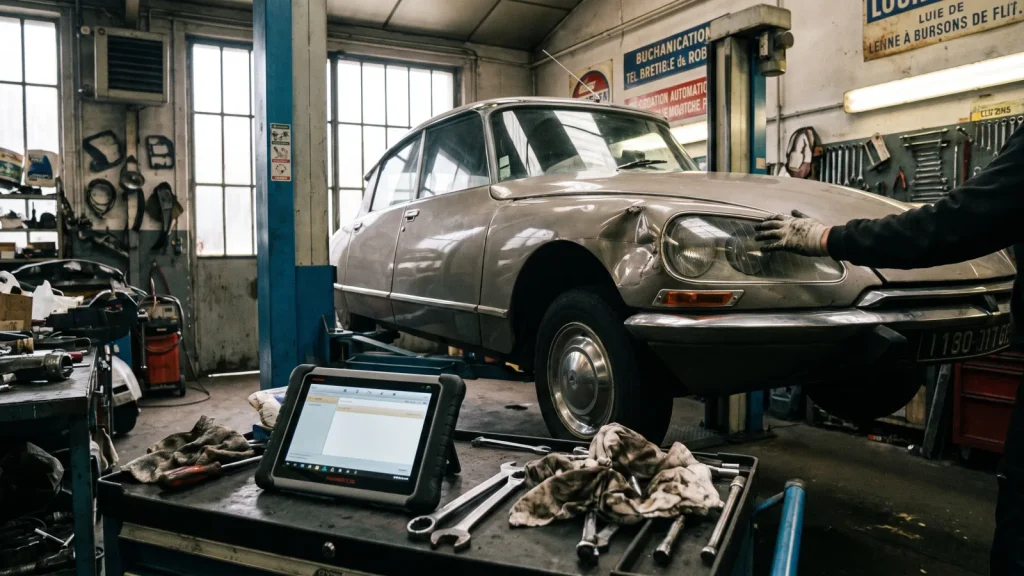 Véhicule sur un pont élévateur dans un garage lors d'une expertise automobile