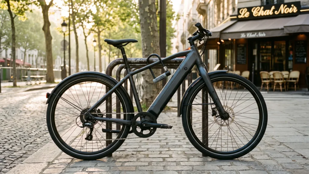 Vélo électrique attaché avec un antivol en U dans une rue