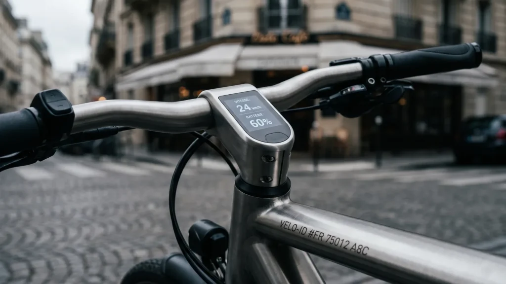 Guidon et écran d'un vélo électrique avec marquage sur le cadre