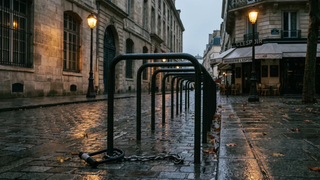 Support à vélos vide avec un antivol sectionné, symptôme du vol de VAE