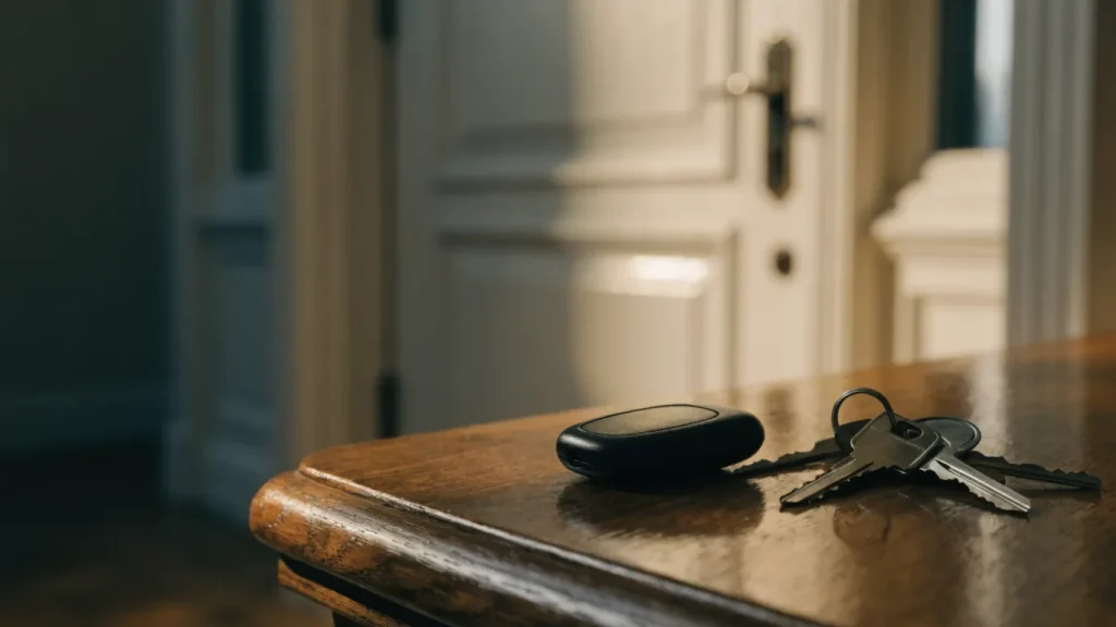 Clé de voiture et trousseau posés sur une console d'entrée près de la porte