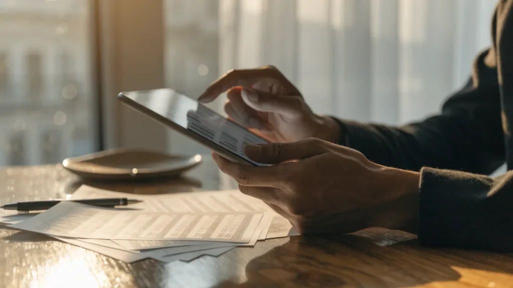Personne consultant un échéancier de crédit sur une tablette à côté de relevés
