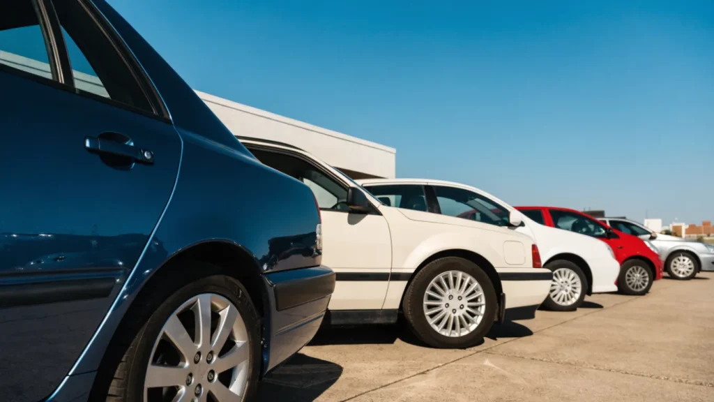 Rangée de voitures d'occasion alignées sur le parking d'un vendeur