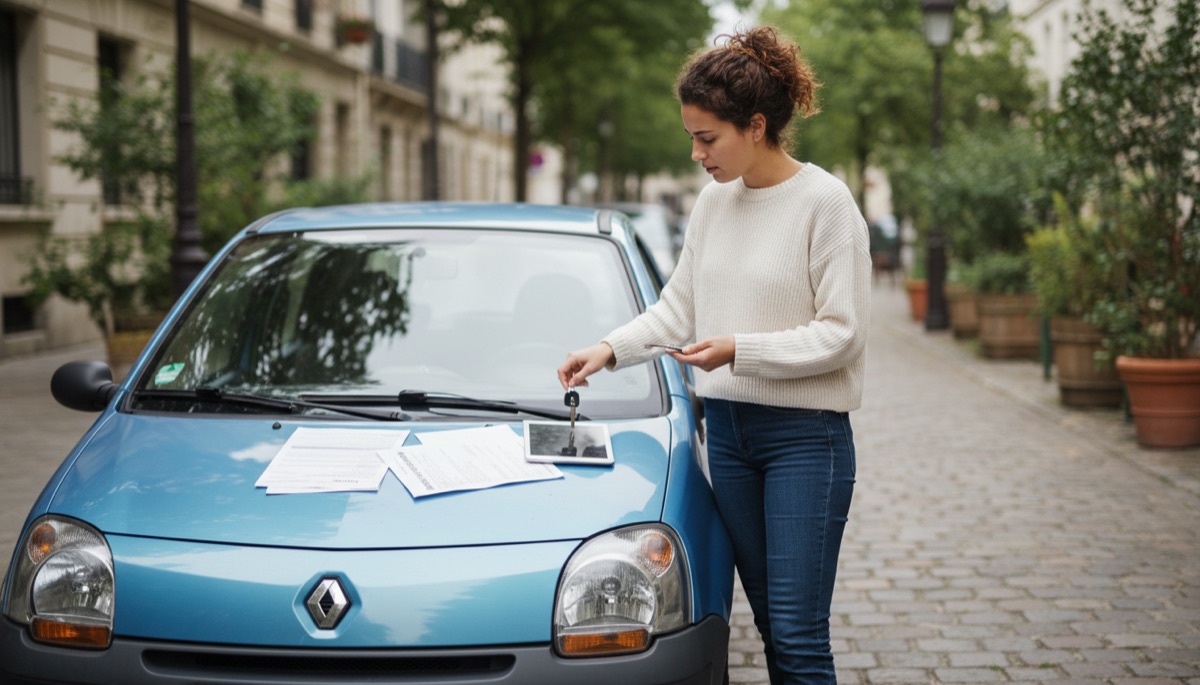 Jeune conductrice examinant des documents d'assurance posés sur le capot de sa citadine